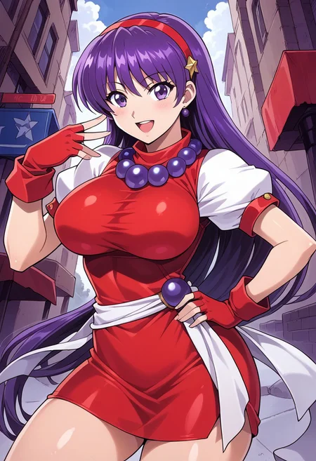AthenaAsamiya96, 1girl, solo, long hair, looking at viewer, smile, open mouth, hair ornament, gloves, dress, jewelry, purple eyes, purple hair, short sleeves, hairband, fingerless gloves, necklace, star (symbol), hand on hip, short dress, red dress, Daytime street background, red gloves, red hairband,large breast