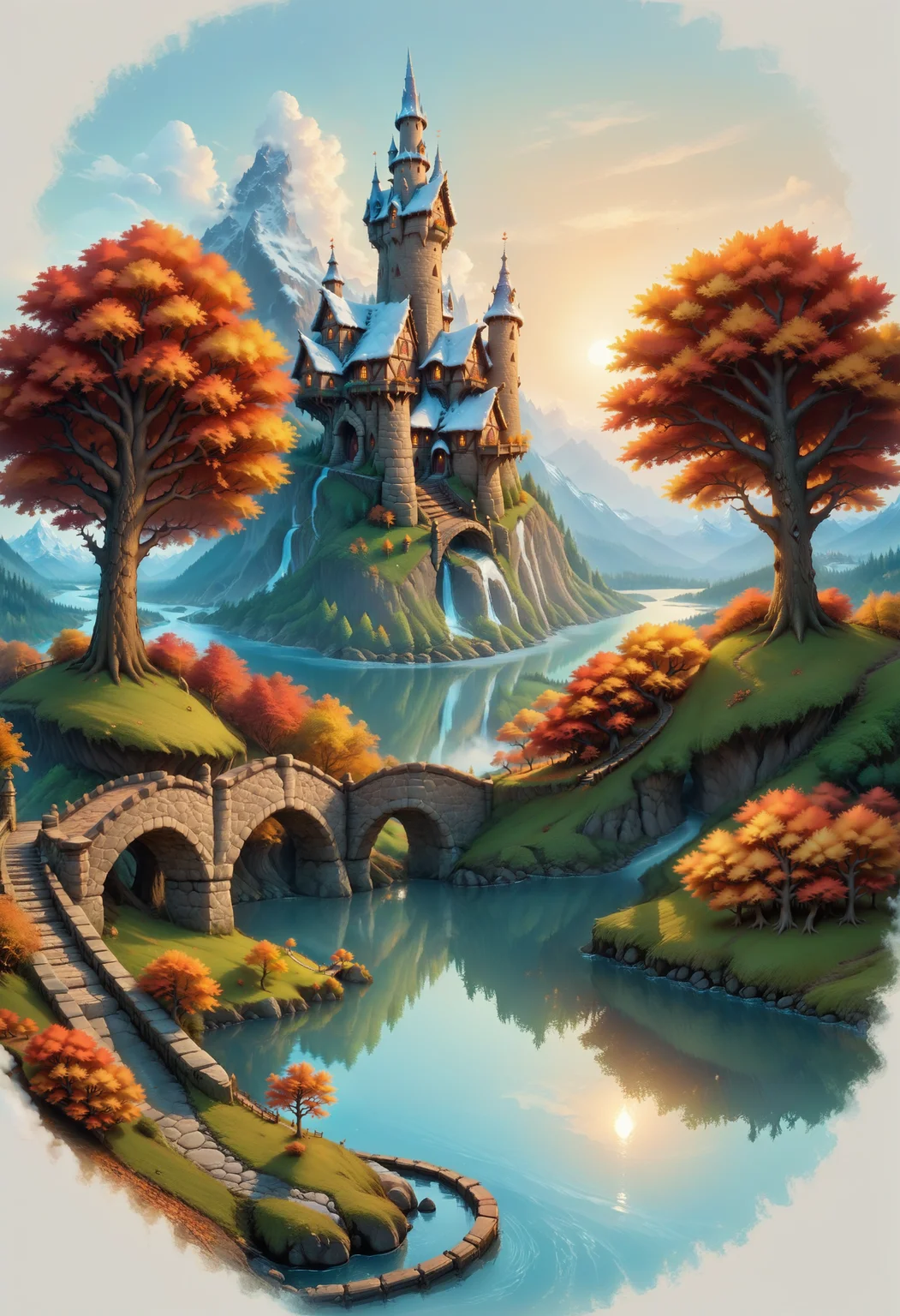 Faded Headshot, faded bottom, faded edges  <lora:FadedHeadshot:1>,score_9, score_8_up, score_7_up, score_6_up, score_5_up, score_4_up score_9,score_8_up, Fantasy landscape, mountain backdrop, snowy peaks, autumn scenery, vibrant fall colors, red foliage trees, blue lake, wooden bridge, thatched cottages, dramatic clouds, fiery sunset sky, warm color tones, fairy-tale illustration, whimsical, magical atmosphere  <lora:add-detail-xl:0.3>, <lora:MJ52:0.3>, <lora:xl_more_art-full_v1:0.3>