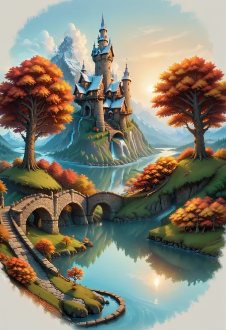 Faded Headshot, faded bottom, faded edges <lora:FadedHeadshot:1>,score_9, score_8_up, score_7_up, score_6_up, score_5_up, score_4_up score_9,score_8_up, Fantasy landscape, mountain backdrop, snowy peaks, autumn scenery, vibrant fall colors, red foliage trees, blue lake, wooden bridge, thatched cottages, dramatic clouds, fiery sunset sky, warm color tones, fairy-tale illustration, whimsical, magical atmosphere <lora:add-detail-xl:0.3>, <lora:MJ52:0.3>, <lora:xl_more_art-full_v1:0.3>