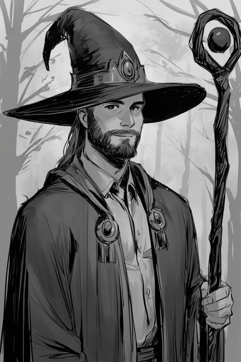 score_9, score_8_up, score_7_up, rating_safe, sketch, monochrome, greyscale, 1boy, solo, male focus, mature male, wizard, long hair, brown hair, black eyes, looking at viewer, hat, facial hair, beard, mustache, staff, wizard hat, purple hat, shirt, collared shirt, robe, purple robe, cloak, holding, holding staff, upper body, standing, outdoors, forest, nature, tree, fog, dark background <lora:Sketch Illustration Style [LoRA] - Pony V6 XL:0.7>