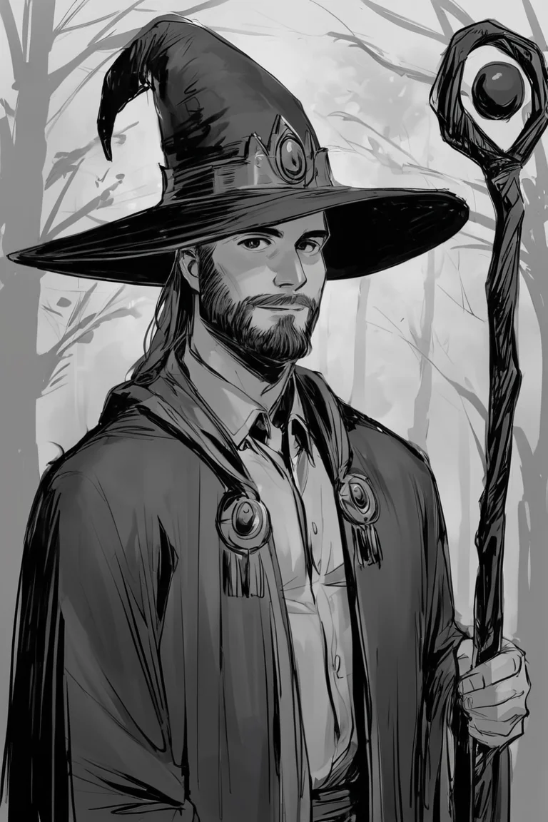 score_9, score_8_up, score_7_up, rating_safe, sketch, monochrome, greyscale, 1boy, solo, male focus, mature male, wizard, long hair, brown hair, black eyes, looking at viewer, hat, facial hair, beard, mustache, staff, wizard hat, purple hat, shirt, collared shirt, robe, purple robe, cloak, holding, holding staff, upper body, standing, outdoors, forest, nature, tree, fog, dark background <lora:Sketch Illustration Style [LoRA] - Pony V6 XL:0.7>