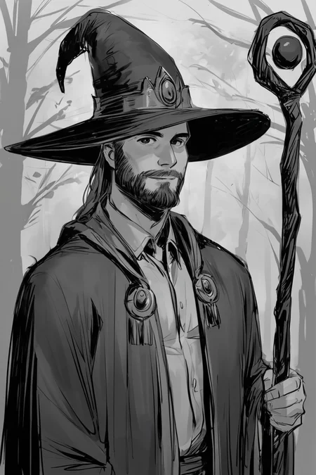 score_9, score_8_up, score_7_up, rating_safe, sketch, monochrome, greyscale, 1boy, solo, male focus, mature male, wizard, long hair, brown hair, black eyes, looking at viewer, hat, facial hair, beard, mustache, staff, wizard hat, purple hat, shirt, collared shirt, robe, purple robe, cloak, holding, holding staff, upper body, standing, outdoors, forest, nature, tree, fog, dark background <lora:Sketch Illustration Style [LoRA] - Pony V6 XL:0.7>