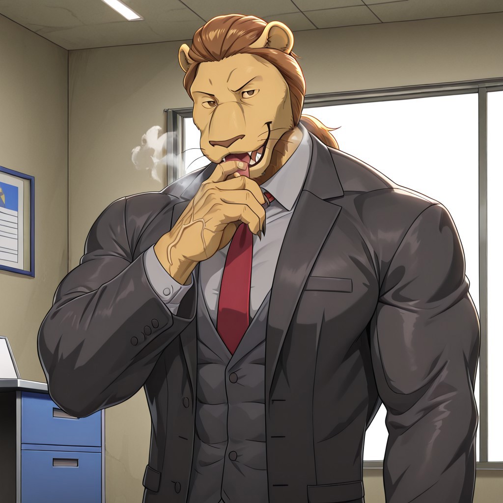 masterpiece, best quality, amazing quality, very aesthetic, absurdres, newest, high quality, detailed, male, solo male, 1boy, MayorBeastars, anthro, lion, mature male, athletic build, muscle body, muscle biceps, muscle chest, abs, upper body, brown eyes, brown hair, long hair, animal ears, broad shoulders, red tie, gray shirt, black suit jacket,open mouth, sharp fangs, office, looking at viewer, smiling, volumetric lighting, smug grin, hyper pecs, muscle veins, heavy breathing, steam, sharp fangs, saber tooths, licking his hand, bloody face, bloody hand, extrem steam coming from his muscles