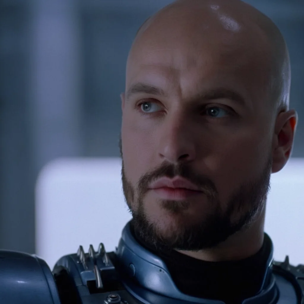 cinematic film still of <lora:RoboCop 1987:1.2>
RoboCop 1987 a handsome bald man with beautiful eyes and a blue shirt and a black and white shirt and cool hair cut looking at something, shallow depth of field, vignette, highly detailed, high budget, bokeh, cinemascope, moody, epic, gorgeous, film grain, grainy