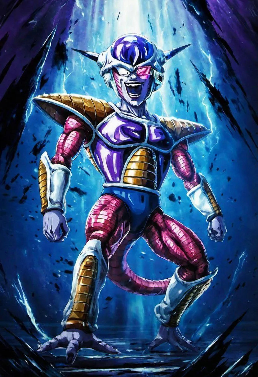 Ship(best quality, masterpiece, detailed, highly detailed face) of a haunting scene with Freezer Armor smile in a battle . Emphasize atmosphere, high contrast, and interplay of shadow and light, colorful