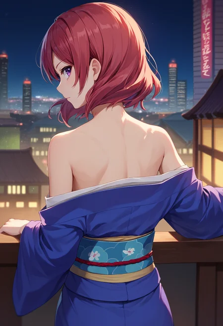 score_9, score_8_up, score_7_up, 1girl, solo, Nishikino maki, red hair, purple eyes, short hair, kimono, off shoulder, from behind, cityscape, night, <lora:Nishikino Maki TEST-000007:1>