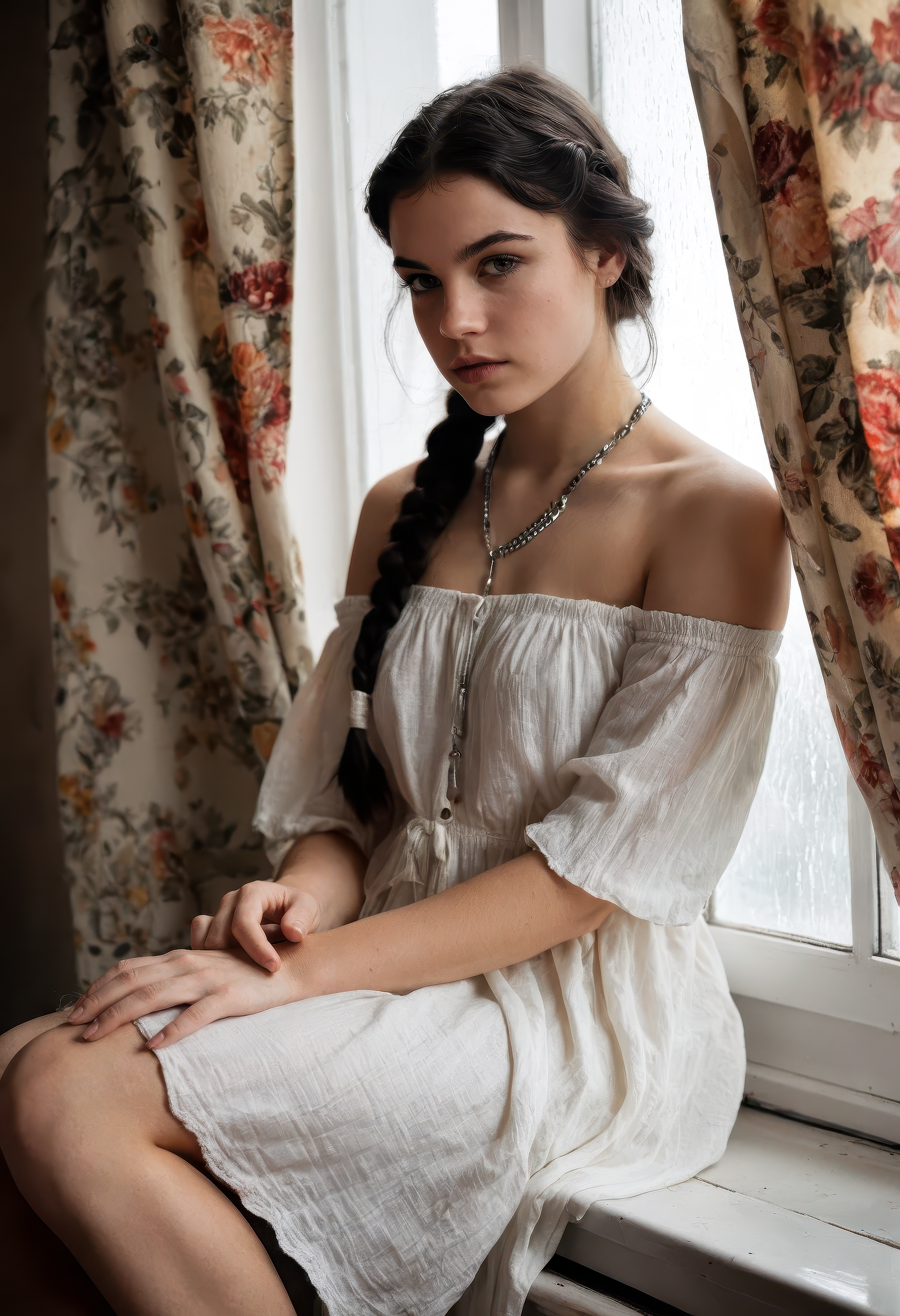 cinematic RAW photo, sdxl_stefduav, wistful expression, loose braid with silk ribbon, dainty silver locket necklace, flowing off-shoulder white cotton dress, barefoot with toes curled on the window seat, soft ambient light from a rainy window, vintage floral curtains and warm tones, dreamy and delicate atmosphere