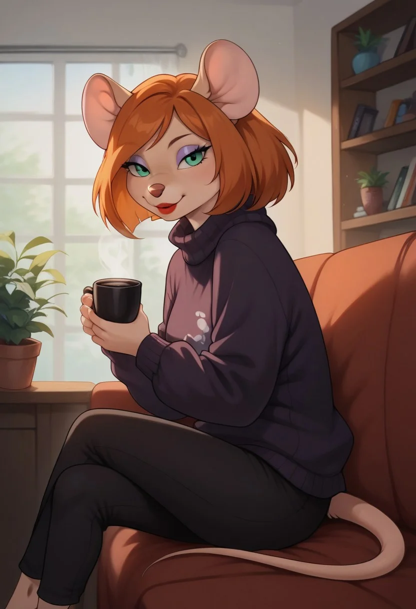 score_9, score_8_up, score_7_up, score_6_up, score_5_up, score_4_up, detaied background, indoors, appartments.
desiree d'allure, anthro, furry, mouse, mouse ears, mouse tail, red lips, light purple eyeshadow, brown hair, short bob cut, side-swept bangs,aqua eyes, Mouse girl, anthro mouse, mouse ears, mouse nose, mouse tail, one tail, feral mouse feet, feral mouse legs, Black sweater, Black warm pants, solo, smile, looking at viewer, (rich house living room:1,4), indoors, long orange hair
3/4 Side view, looking at viewer, sitting on sofa edge, cup of Coffee in hands
