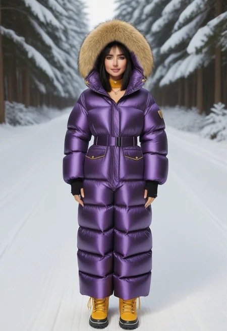 ((((puffer padded jacket)))), ((((puffer padded coat)))), ((((full body)))), ((((fur boots)))), ((((puffer pants)))), ((((puffer hood up)))), winter, snow, forest, 1girl, solo, (masterpiece), detailed face, detailed eyes, (beautiful detailed eyes:1.5), sidelighting, (super detail, hyper detail, intricate_details, detailed), (semi realistic:1.6), (Bob cut), blunt bangs,(black hair), (purple eyes, eyelashs), tanned skin, smug smile, angry face, Golden jewelery, golden rings, golden necklace, golden armlets, golden chains, padded cuffs, padded collar, Thick padded cuffs, Thick padded collar, <lora:Collar-SDXL:0.6>, <lora:Cuffs-SDXL:0.6>, <lora:Puffer_Jacket_and_Down_Jacket_-_Extra_Puffy_Jackets:0.4>, <lora:snowpants_v1:0.4>
