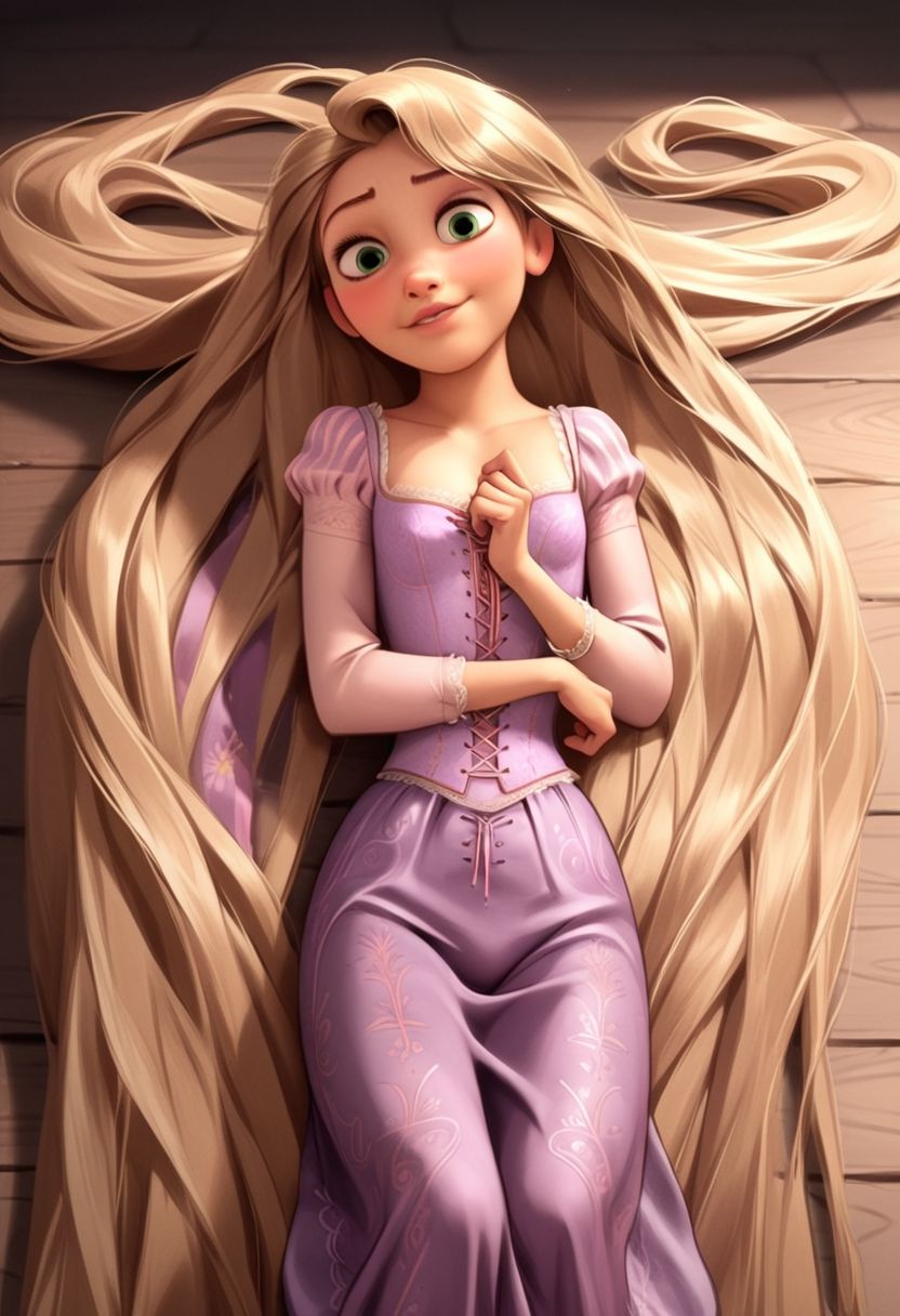 score_9, score_8, score_7, score_6, Rapunzel, 1girl, rating_explicit, Rapunzel, very long hair, loose dress, laying on the floor, flat chest, flat breasts, seductive eyes, shoulder exposed, seductive smile