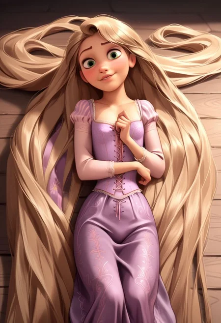 score_9, score_8, score_7, score_6, Rapunzel, 1girl, rating_explicit, Rapunzel, very long hair, loose dress, laying on the floor, flat chest, flat breasts, seductive eyes, shoulder exposed, seductive smile