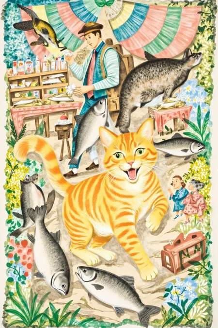 illustration.
A golden tabby stealing a fish, running away in a market <lora:gwonder1_cap_d6a3e15:1.0><lora:826632152218131422:0>
