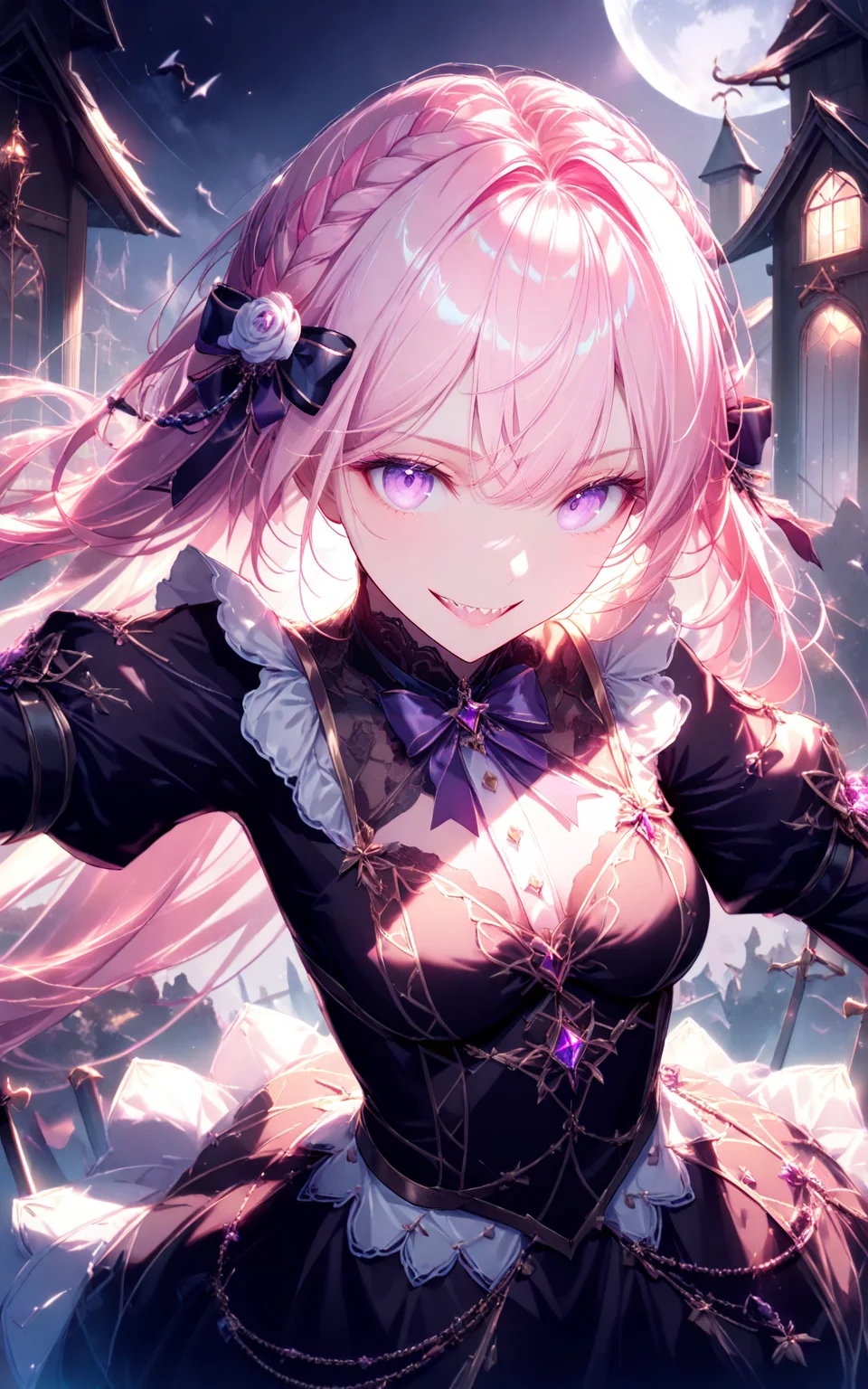 cowboy_shot,civchan,pink hair,purple eyes,creepy girl,glowing eyes,sinister smile,sharp teeth,evil grin,outstretched_arms,gothic,eerie cemetery,night mist,horror lighting,black dress,dramatic eye focus,spooky expression,realistic face,pale skin,long flowing hair,ultra-detailed,(masterpiece:2),(best quality:1.1),Cinematic Lighting,(illustration, 8k CG, extremely detailed),<lora:civichan-base-01-XL:0.9>,<lora:detailed_notrigger:1>,<lora:xl_more_art-full_v1:0.8>,