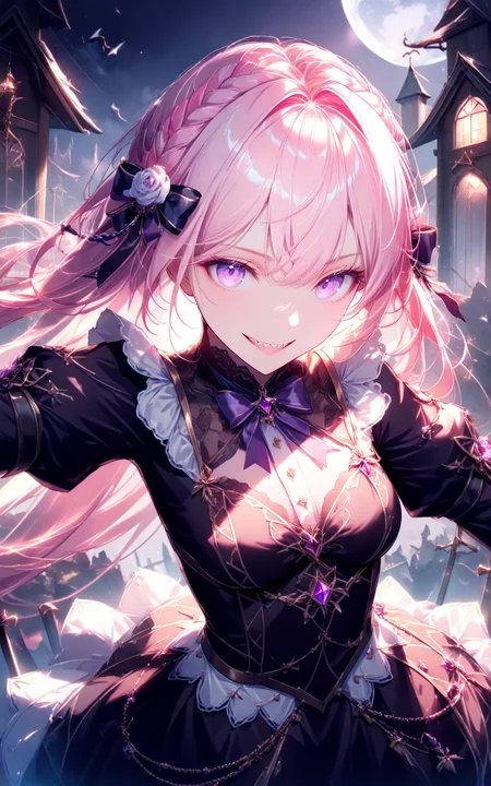 cowboy_shot,civchan,pink hair,purple eyes,creepy girl,glowing eyes,sinister smile,sharp teeth,evil grin,outstretched_arms,gothic,eerie cemetery,night mist,horror lighting,black dress,dramatic eye focus,spooky expression,realistic face,pale skin,long flowing hair,ultra-detailed,(masterpiece:2),(best quality:1.1),Cinematic Lighting,(illustration, 8k CG, extremely detailed),<lora:civichan-base-01-XL:0.9>,<lora:detailed_notrigger:1>,<lora:xl_more_art-full_v1:0.8>,