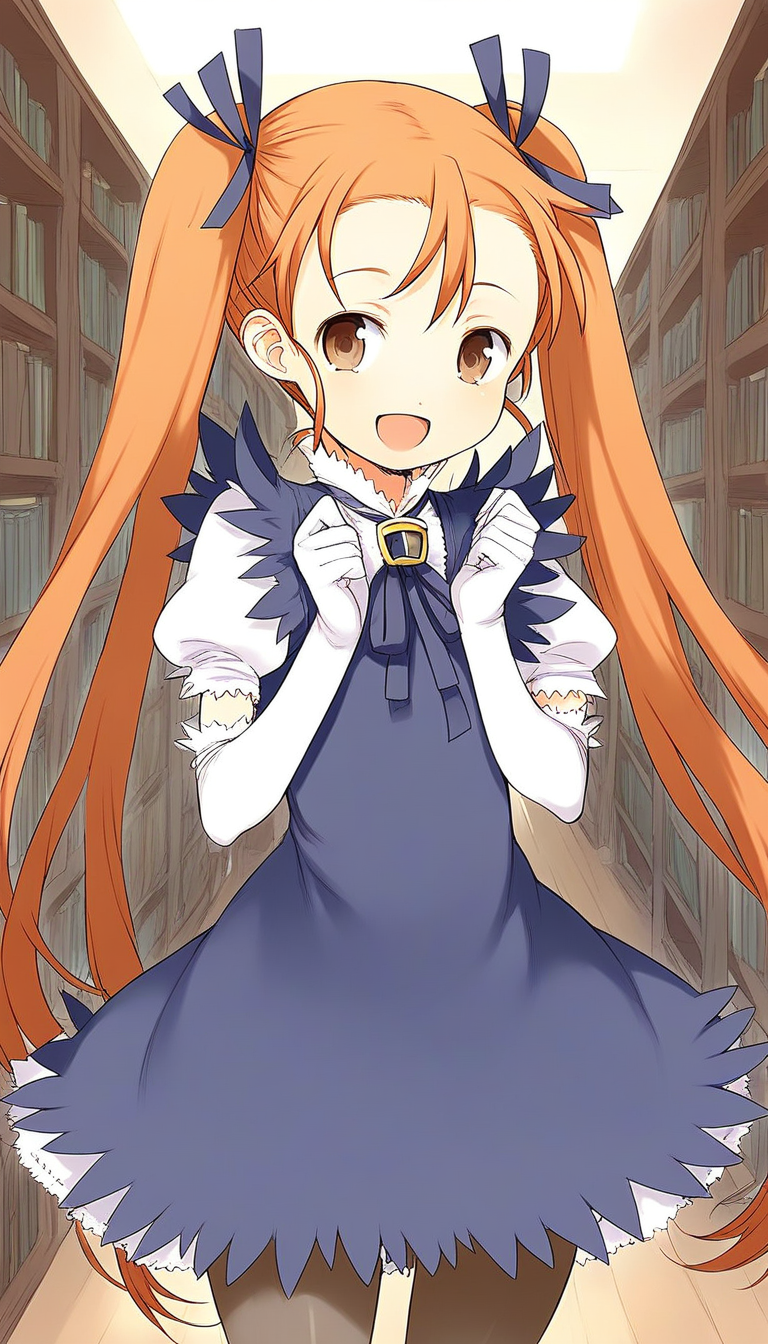 score_9, score_8_up, score_7_up, source_anime, rating_explicit, BREAK  <lora:Aliese_Martini_Ver2.0_XL:1> Aliese_Martini, 1girl, solo, twintails, long hair, brown eyes, hair ribbon, orange hair, brown hair, short stack,
elbow gloves, dress, open mouth, smile, white gloves, ribbon, pantyhose, very long hair
library, room,
smile,
looking at viewer, 
cowboy_Shot,