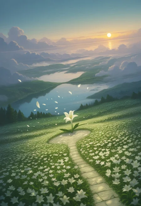 detailed background, from above,( Calm spring night landscape), amongst lush greenery, beautiful view, Flower Field, lily flower in full bloom, lily flower, early morning, sunrise sky, beautiful clouds, dappled sunlight, beautiful, Tranquil Lake, Walkway, petals dancing in the wind, depth of field, masterpiece, best quality, ultra-detailed, very aesthetic, illustration, perfect composition, intricate details, absurdres, moody lighting, wisps of light, no humans,