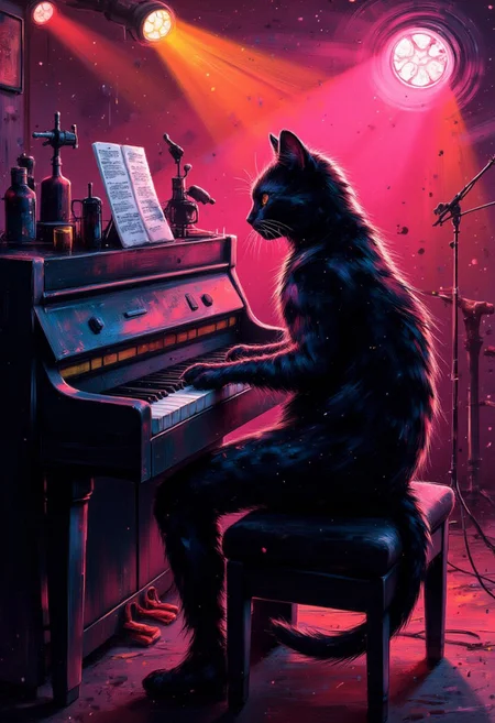cinna flow, rainbow ink splats, monochrome, black cat playing a piano on stage in a jazz club. Very detailed, vibrant colors