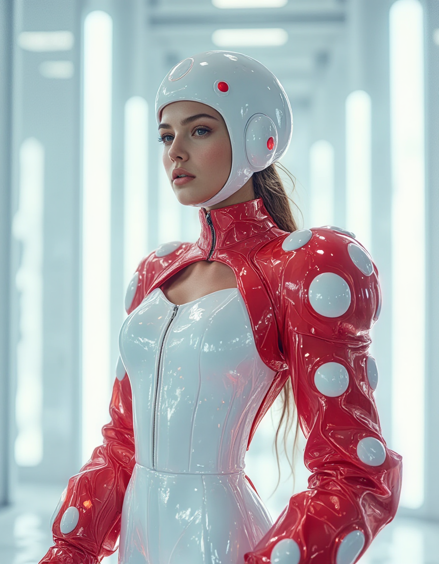 A photorealistic, high-fashion editorial photograph in the Mushroom Kingdom Fashion style, presenting an experimental take on the Super Mushroom. A female model with a focused, perhaps slightly clinical expression, stands within a minimalist, sterile laboratory setting featuring clean lines and softly glowing panels blurred in the background. She wears a sleek white jumpsuit as a base, overlaid with sculpted, high-gloss red armor-like panels featuring recessed matte white circular elements, mimicking mushroom spots in a futuristic way. The sleeves are structural and semi-translucent, appearing almost bio-engineered, containing a soft, internal red bioluminescent glow concentrated within the white spot areas. Her headwear is a smooth, white sculpted cap or headpiece that curves elegantly, marked by subtle red circular indentations. The lighting is clean, bright, and slightly cool, enhancing the sterile environment and highlighting the textures and internal glow. Experimental chic, bio-fashion aesthetic, ultra-detailed, sharp focus, 8K.
<lora:mushroom-kingdom-fashion-flux:1>
