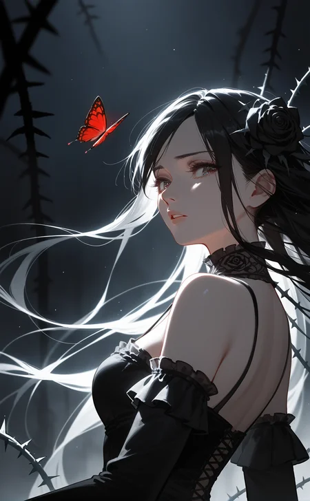score_9,score_8_up,score_7_up,source_anime,year 2023,1girl,solo,red and black theme,strong picture,dark,upper body,side_face,sad,parted_lips,looking back,floating hair,black dress,bare shoulders,{{{delicate and beautiful eye}}},gothic_lolita,black rose,thistles and thorns,flora,fog,red butterfly,underlighting,bokeh,blurry background,strong visual impact,film lighting,from side,
