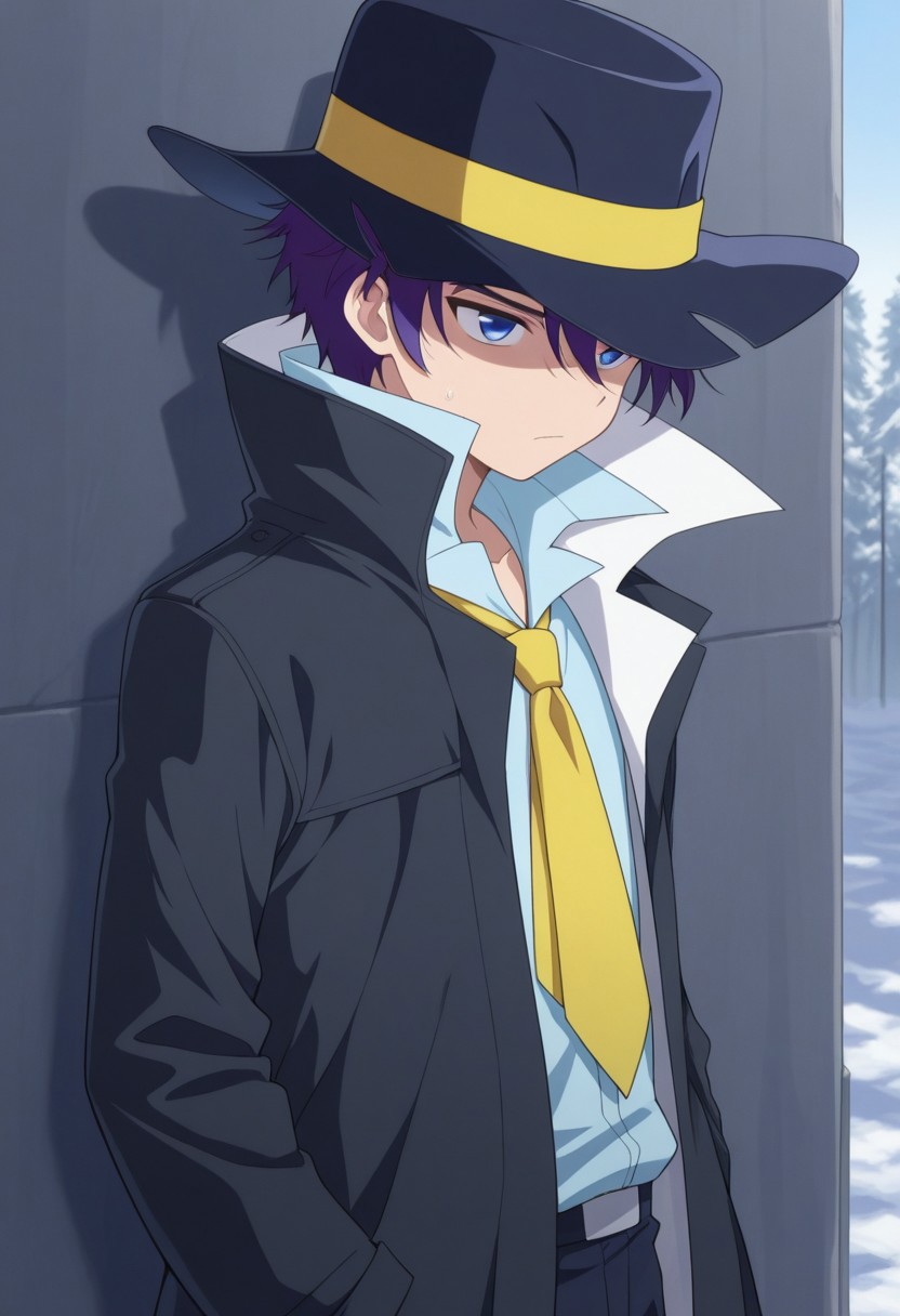 masterpiece,best quality,amazing quality, source_anime, 
sheido, 1boy, male focus, solo, blue eyes, purple hair, hat, black headwear, shirt, blue shirt, popped collar, necktie, yellow necktie, coat, black coat, open coat,
outdoor,