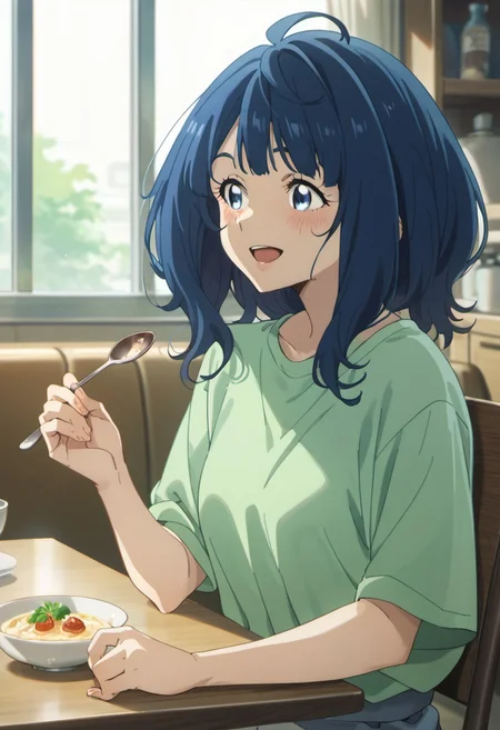 score_9, score_8_up, score_7_up, source_anime,yanami anna, blue hair, blue eyes, 1girl, solo, smile, chair, spoon, shirt, blush, indoors, open mouth, green shirt, upper body