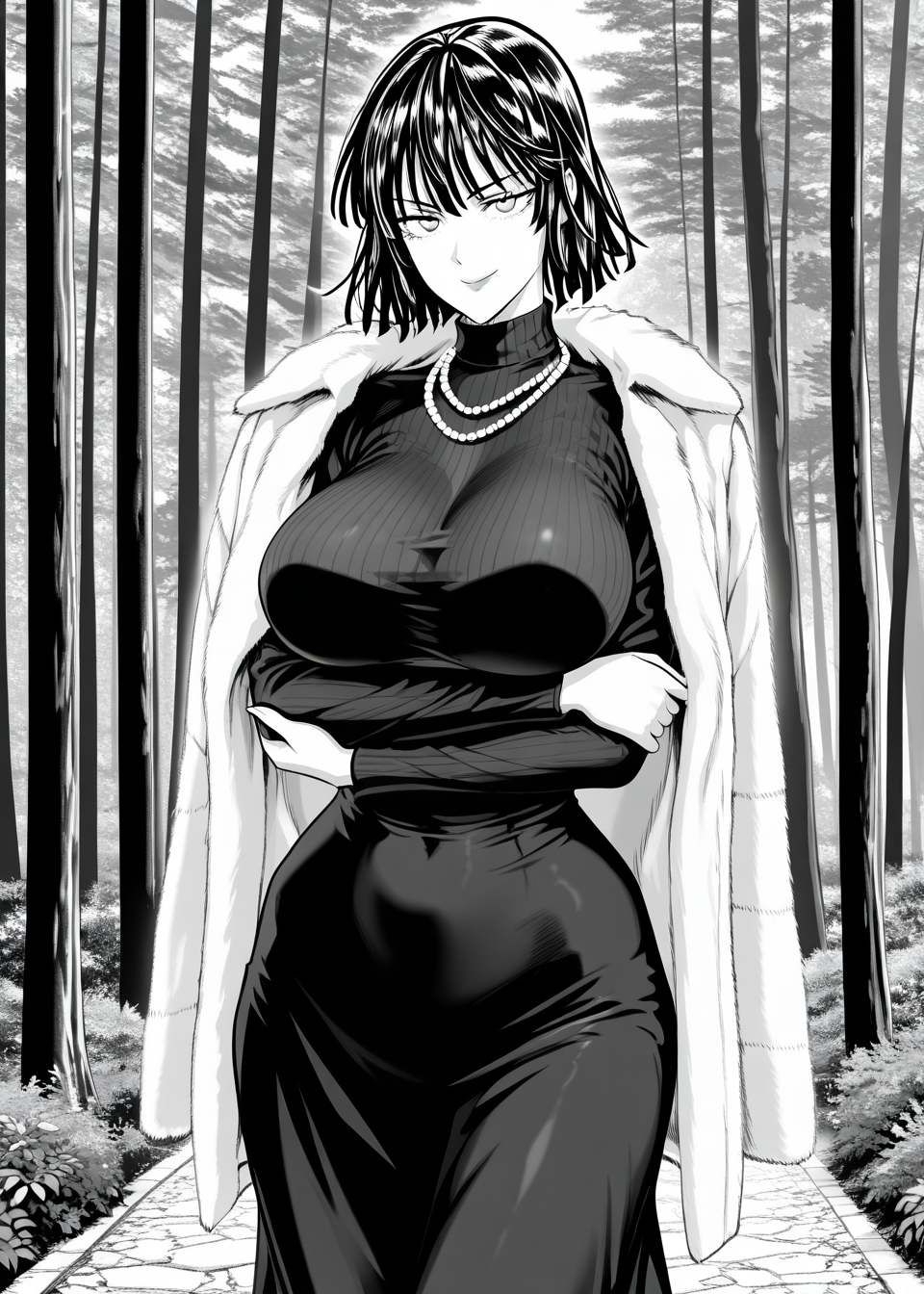 1girl, opmstyle, greyscale, monochrome, jacket, fubuki \(one-punch man\), fur coat, ribbed sweater, turtleneck dress, taut dress, pearl necklace, looking at viewer, smiling, solo, crossed arms, mature female, scenery, forest, clothed, huge breasts, standing, high quality, best quality, amazing quality, highres, absurdres, masterpiece, aesthetic,  <lora:OPMStyle:1>