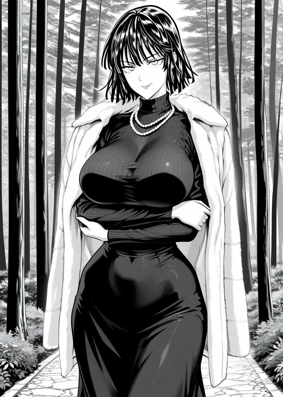 1girl, opmstyle, greyscale, monochrome, jacket, fubuki \(one-punch man\), fur coat, ribbed sweater, turtleneck dress, taut dress, pearl necklace, looking at viewer, smiling, solo, crossed arms, mature female, scenery, forest, clothed, huge breasts, standing, high quality, best quality, amazing quality, highres, absurdres, masterpiece, aesthetic, <lora:OPMStyle:1>