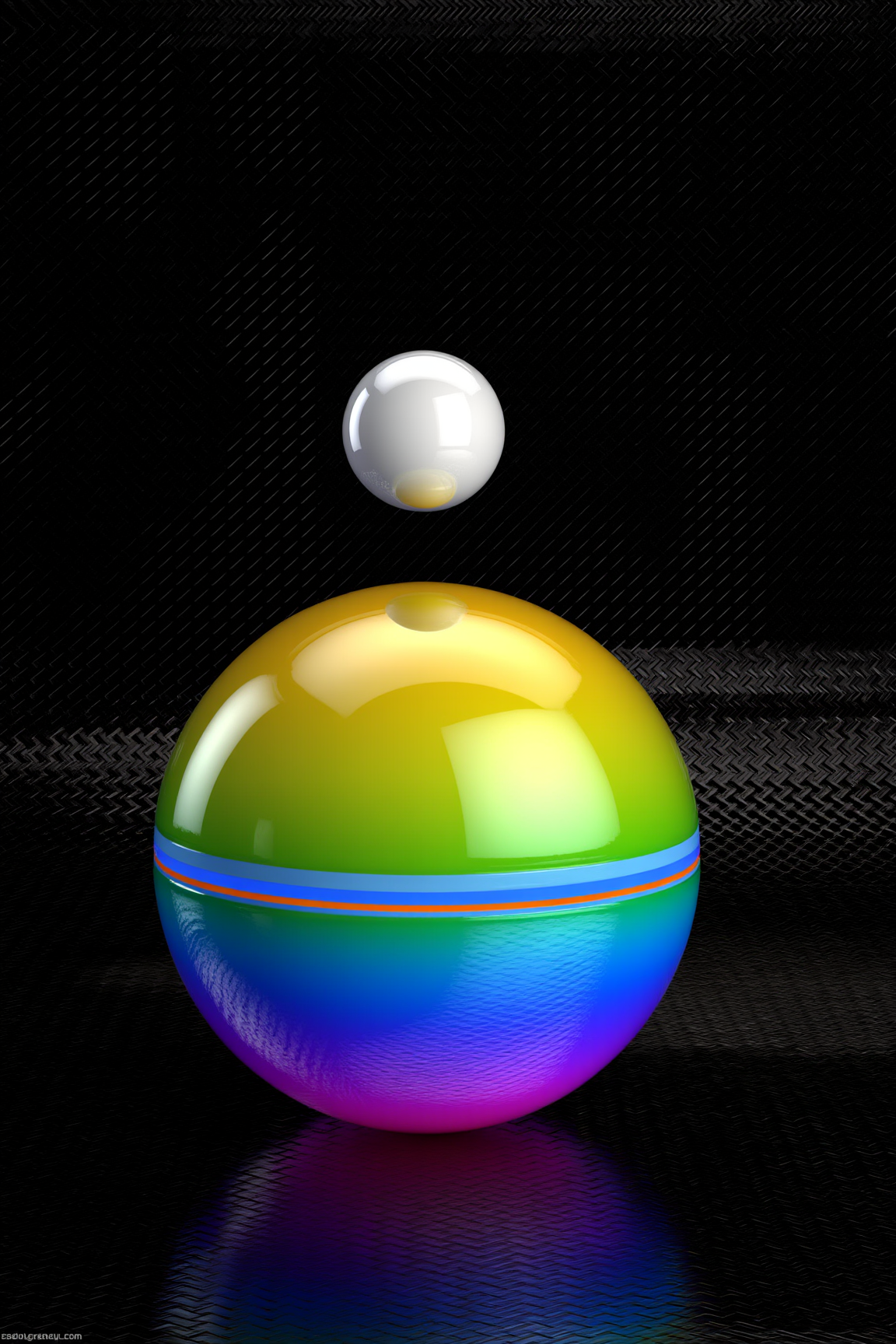 A 3D Rendered abstract of, sharp photo of a 3D rendering of a spherical object with a white dome on top. The object is placed on a black background with diagonal lines that create a grid-like pattern. The sphere is in the center of the image, with the top half of the sphere being a bright yellow color. The bottom half is a gradient of blue, green, and purple, with a thin blue line running horizontally across the bottom half. In the center, there is a thin orange line that runs diagonally across the center. Above the sphere, there appears to be a small white sphere that is floating above the sphere. The overall color scheme of the object is vibrant and eye-catching.