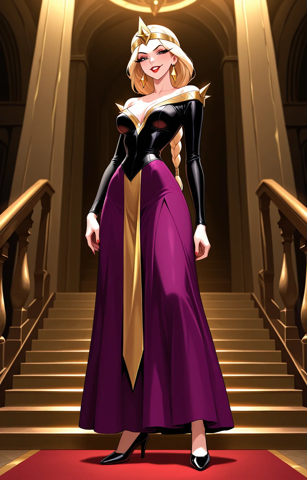 masterpiece, best quality, amazing quality, very aesthetic, high resolution, ultra-detailed, absurdres, newest, scenery, depth of field, scenery, volumetric lighting, Solo, 1girl, female,seductive eyes,long eyelashes,half closed eyes, sauntering down stairs,  <lora:Ludmilla_Bartok_human_formduring_transformationdragon_form:0.9> ludmilla, 1girl, tall,evil smile,black top,black sleeves,black high heels, purple long skirt,gold crown,gold earrings,red lips,narrow waist,medium breasts,blonde hair,long braided ponytail,