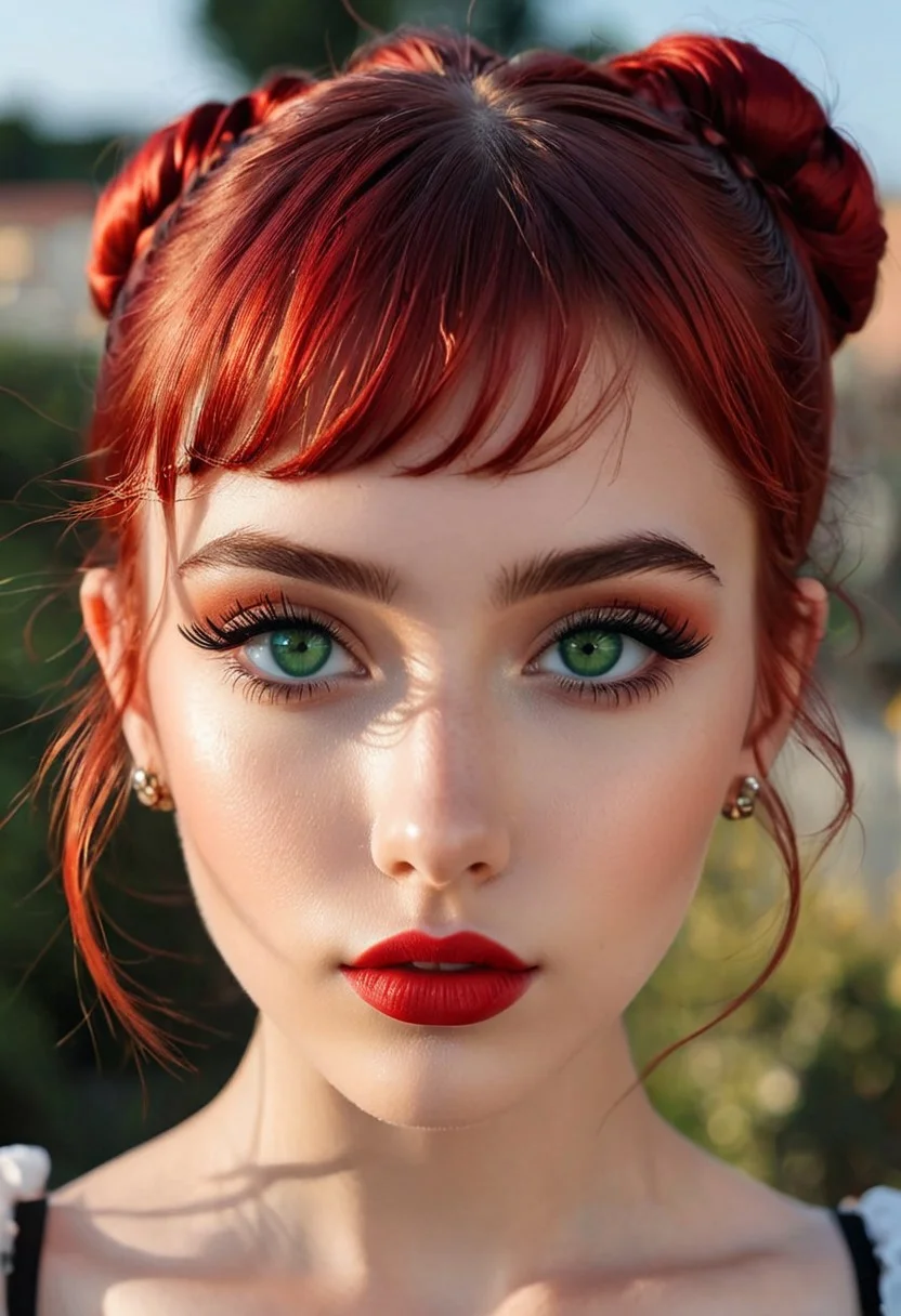 20 year old Turkish girl, green eyes, pale skin, puffy lips, makeup, eye contact, hairclip, light red hair, very short hair, hair up, double bun, hair flaps, asymmetrical bangs, long bangs, x hair ornament, dark red lips, red eyeshadow, mascara, eyeliner, stud earrings, piercing, blush, flat chest, epic action, Unreal Engine, cinematic award winning artwork, many details, extreme detailed, full of details,Wide range of colors., dramatic, Dynamic,Cinematic,Sharp details, Insane quality. Insane resolution. Insane details. Masterpiece. 32k resolution. casting shadow style, cucoloris patterned illumination, <lora:add-detail-xl:1>