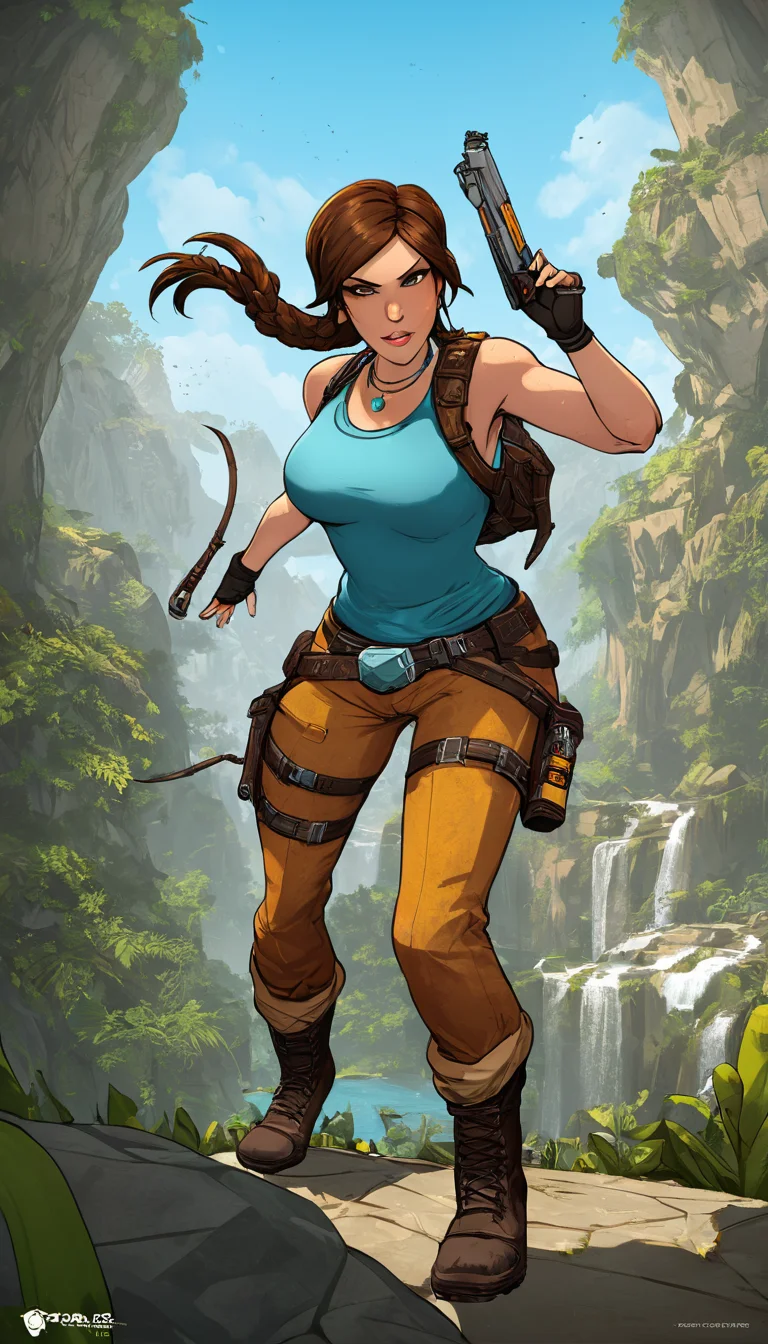 Indie game art,(Cinematic scene, hero view, Lara Croft <lora:lara_croft_xl_v2:1>, action pose, detailed background, masterpiece, best quality, high quality, highres, absurdres), (Vector Art, Borderlands style, Arcane style, Cartoon style), Line art, Disctinct features, Hand drawn, Technical illustration, Graphic design, Vector graphics, High contrast, Precision artwork, Linear compositions, Scalable artwork, Digital art, cinematic sensual, Sharp focus, humorous illustration, big depth of field, Masterpiece, trending on artstation, Vivid colors, trending on ArtStation, trending on CGSociety, Intricate, Low Detail, dramatic