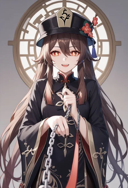 easynegative, score_9_up, score_8_up, score_7_up, source_anime, masterpiece, perfectly detailed, detailed face, detailed eyes, beautiful eyes, viewer_on_leash, viewer on leash, hu tao (genshin impact), 1girl, symbol-shaped pupils, brown hair, red eyes, looking at viewer, black nails, long sleeves, long hair, twintails, smile, open mouth, hat flower, hair between eyes, chinese clothes, holding, black headwear, bangs, pov, :d, chain leash, nail polish, wide sleeves, hat ornament, sidelocks