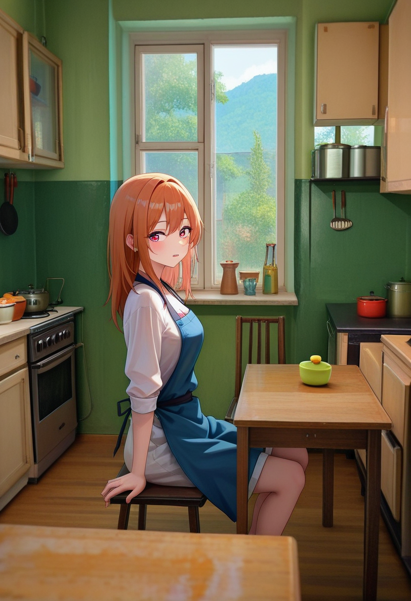 masterpiece, high quality, 1girl, solo, looking at viewer, sitting, hrushch, kitchen, table, window,