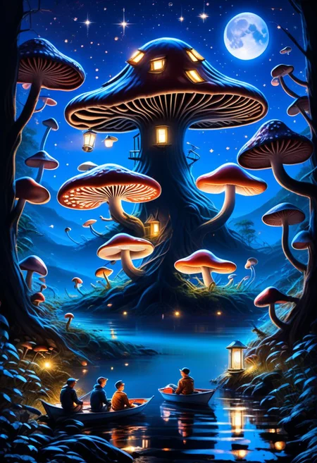 ((masterpiece, best quality)), high resolution, highly detailed, 32k picture,
scifi, mushroom forest, holding, sitting, outdoors, multiple boys, sky, cloud, 2boys, water, tree, night, moon, star (sky), night sky, full moon, starry sky, reflection, lantern, fantasy, watercraft, mushroom, boat
