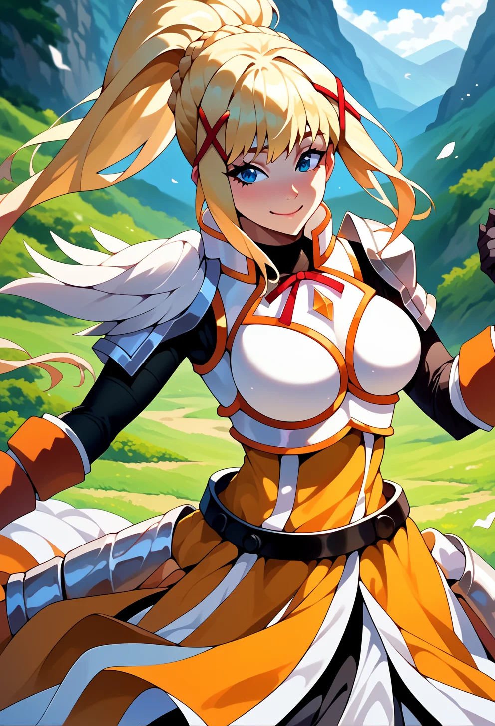 score_9, score_7_up, source_anime, solo, smile, BREAK <lora:AEDarkness:1>AEDarknessDef, Blue eyes, Blonde Hair, Braid, high ponytail, x hair ornament, Armored Dress, Breastplate, neck ribbon, red ribbon, Shoulder armor, Belt, Black Gloves,