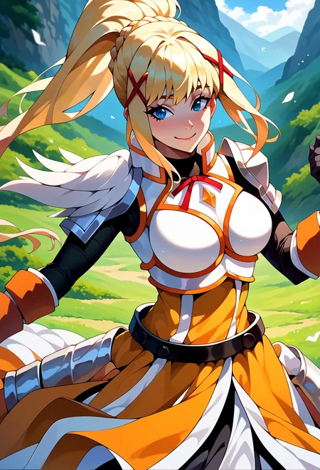 score_9, score_7_up, source_anime, solo, smile, BREAK <lora:AEDarkness:1>AEDarknessDef, Blue eyes, Blonde Hair, Braid, high ponytail, x hair ornament, Armored Dress, Breastplate, neck ribbon, red ribbon, Shoulder armor, Belt, Black Gloves,