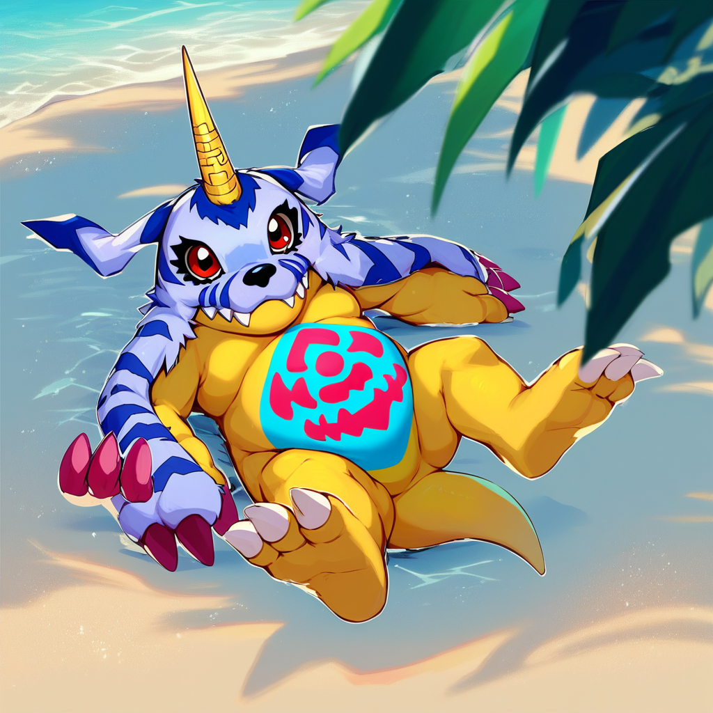 score_9, score_8_up, score_7_up, score_6_up, score_5_up, score_4_up, gabumon, digimon, single horn, claws, red eyes, sharp teeth, creature, monster,  chubby, pudgy belly, blue and pink markings on belly, blue fur pelt, yellow body, three toes, outside, beach background, beach scenery, water, relaxing, laying down, looking at viewer, sunglasses, barefoot,