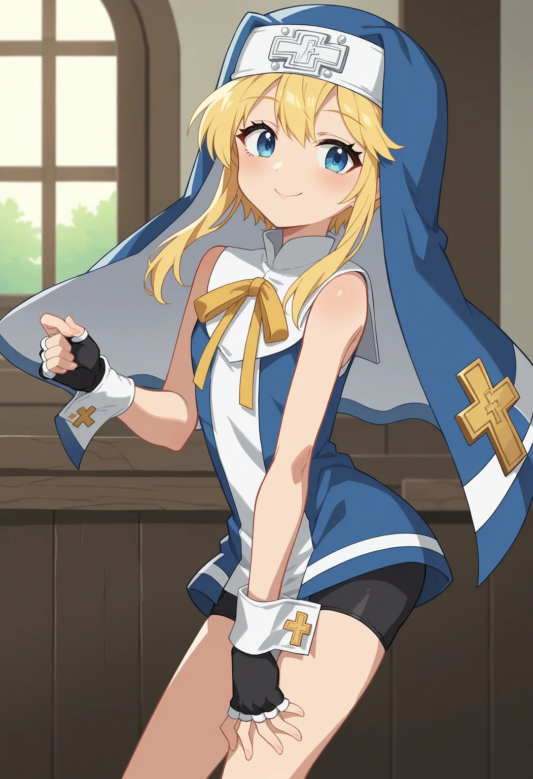 score_9, score_8_up, score_7_up, score_6_up, score_5_up, score_4_up , anime coloring ,BREAK source_anime, anime,screencap,
1boy, solo, bridgetgg, nun dress, fingerless gloves, wrist cuffs, bike shorts, nun habit, blue eyes, neck ribbon, <lora:PonyXL OG bridgetGG V3:1>
indoors,
smile, looking at viewer,