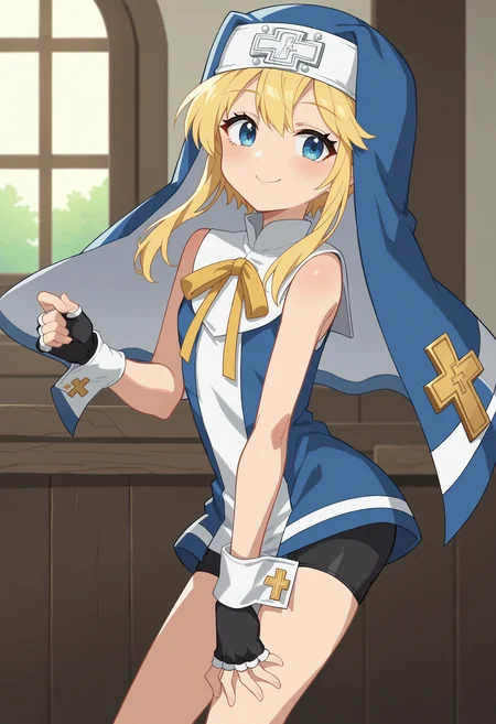 score_9, score_8_up, score_7_up, score_6_up, score_5_up, score_4_up , anime coloring ,BREAK source_anime, anime,screencap,
1boy, solo, bridgetgg, nun dress, fingerless gloves, wrist cuffs, bike shorts, nun habit, blue eyes, neck ribbon, <lora:PonyXL OG bridgetGG V3:1>
indoors,
smile, looking at viewer,