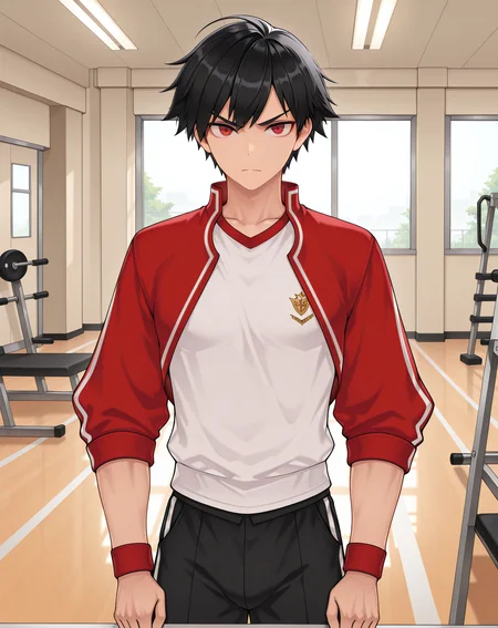 masterpiece,best quality,amazing quality, newest, very aesthetic, absurdres,
1boy, solo, yaoi, male focus, looking at viewer, cowboy shot, standing,
<lora:Solace_Young_ilxl:1>  solaceyoung, black hair, red eyes, short hair,v-shaped eyebrows,
gym uniform, gym shorts, gym shirt,
indoors, gym,