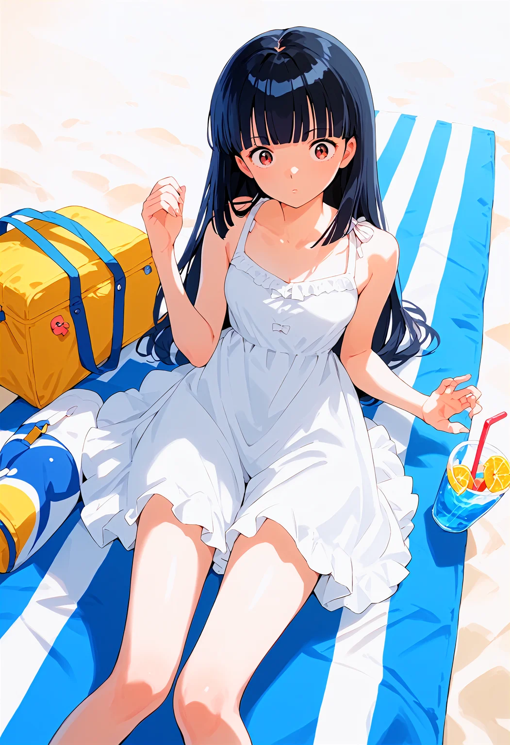 score_9,score_8_up,score_7_up,source_anime,1girl,solo,hime cut,wardrobe_malfunction,beach bag,looking at viewer,dynamic_angle,<lora:CuteStylishMix_pony_bx-v1.01:1>,