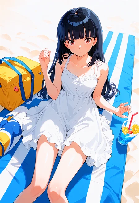 score_9,score_8_up,score_7_up,source_anime,1girl,solo,hime cut,wardrobe_malfunction,beach bag,looking at viewer,dynamic_angle,<lora:CuteStylishMix_pony_bx-v1.01:1>,