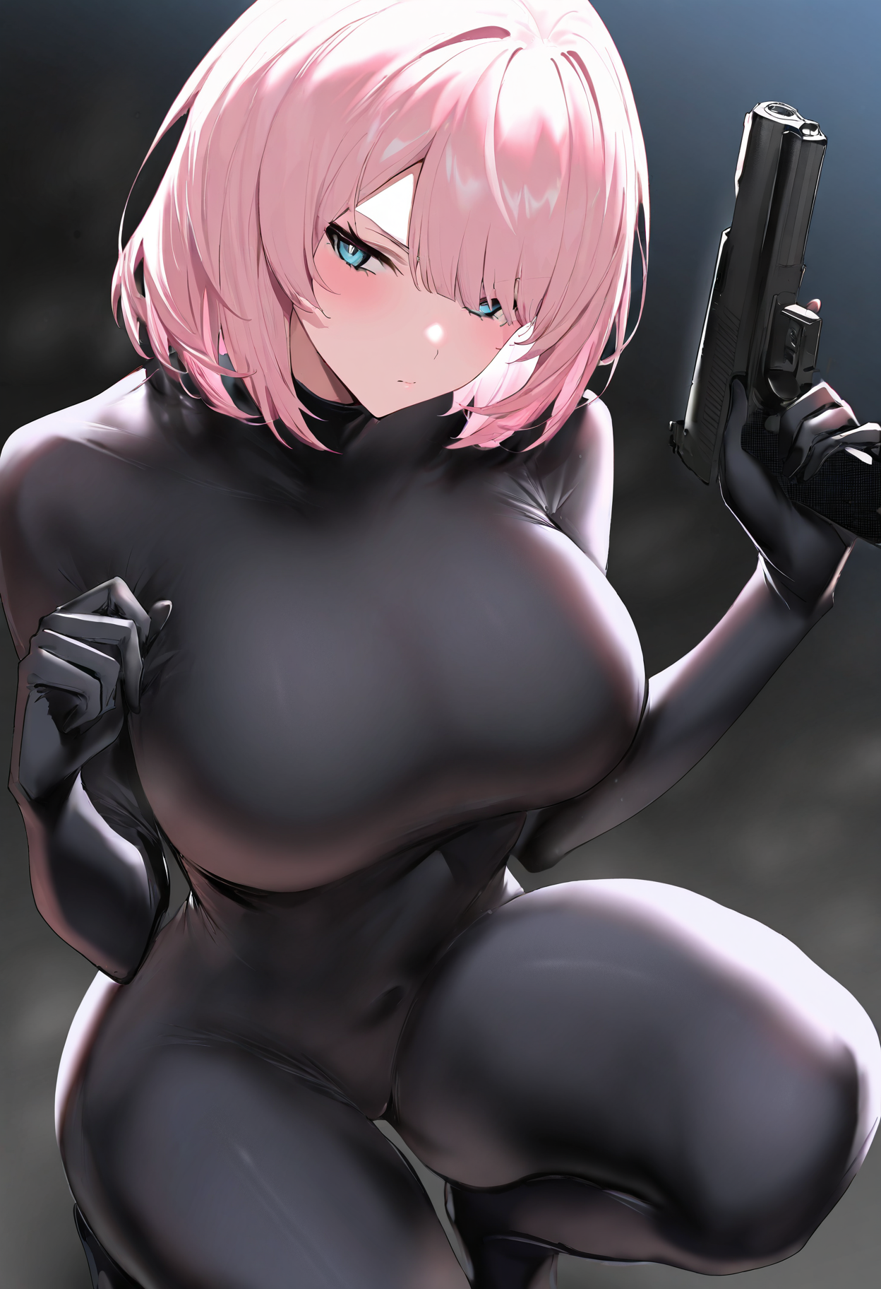 1girl,solo,spy,agent,<lora:ulrich style locon V pred Ver-Test:1>,ulr1ch style,spandex,black bodysuit,large breasts,pink hair,blue eyes,short hair,asymmetric bangs,serious,looking to the side,squatting,knee up,hands up,holding gun,handgun,masterpiece,best quality,newest,highres,very awaTop,