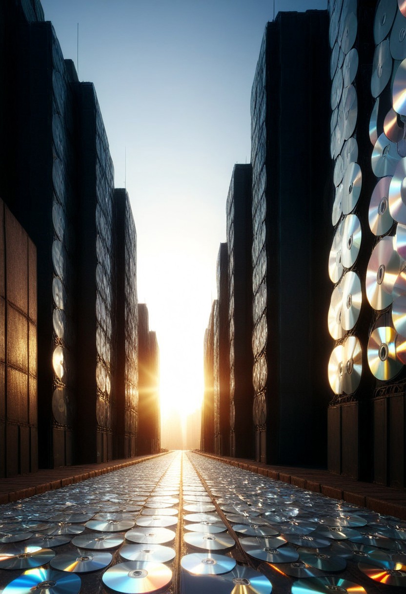 dawn, colorful street,
score_9, score_8_up, score_7_up, score_6_up, score_5_up, score_4_up, UHD, 8K, masterpiece, detailed, ultra_high_resolution, lots of detail, OverallDetailXL, detailxl, Sci-fi Environments, epiCPhotoGasm-colorfulPhoto. style-empire, colorful style, made of cd's.