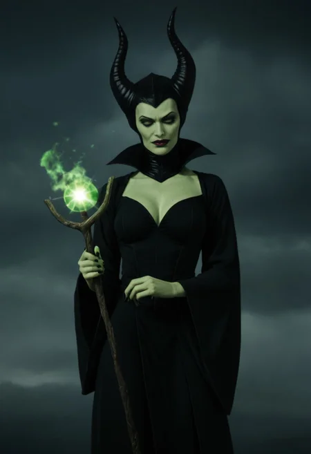 Film Photography, grainy film, 35mm, nostalgic, A dark fantasy version of A live-action adaptation of Disney's 1959 Sleeping Beauty, featuring Maleficent in an 80s dark fantasy style. Maleficent has pale green skin, her iconic black and purple robe with wide sleeves, and her tall, twisted black horns. Her eyes glow with a menacing yellow-green light, and she carries a staff with a glowing orb. The background is a stormy, dark sky filled with swirling clouds and green flames. The overall aesthetic is inspired by retro, heavy-metal album covers, but her appearance stays true to the original Disney design.. 80s horror-inspired fantasy, with a gothic, enchanted atmosphere, 
score_9, score_8_up, score_7_up, POV,