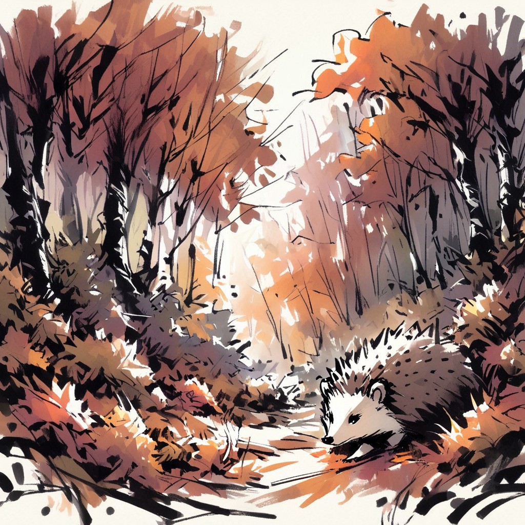inksketch, a hedgehog, forest, autumn colors
