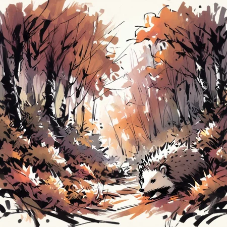 inksketch, a hedgehog, forest, autumn colors
