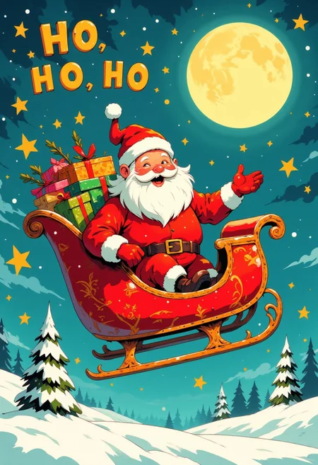 A cheerful Santa Claus in a red sleigh filled with colorful presents, flying through a snowy night sky under a glowing full moon. The background features twinkling stars and playful snowflakes, with a whimsical, cartoonish aesthetic. Bright, vibrant colors dominate the scene, with a focus on festive reds, deep blues, and soft golden hues. The illustration has rounded, stylized shapes and a warm, joyful atmosphere, perfect for capturing the holiday spirit. The text "HO HO HO" floats playfully in the sky, adding to the whimsical charm.