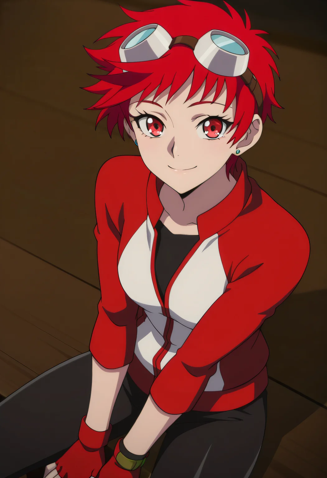 masterpiece, best quality, very aesthetic,
1girl, solo,
Ximena Victoria, short hair, red hair, red eyes, earrings, stud earrings,
jacket, goggles on head, fingerless gloves, pants,
Smile, looking at viewer,
Close-up, sit,
Anime coloring,
