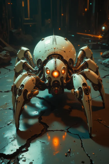 Mechanical spider with glossy white exoskeleton, bulging eyes glowing dimly, surrounded by dark shadows, orange-tinted legs reflecting faint light, and an ominous small red button on its back, with a cracked floor beneath, casting intricate shadows, and subtle reflections indicating a metallic texture with intricate textures and vibrant colors. The scene should include a rich variety of elements, each contributing to the overall atmosphere. Lighting should be soft, diffused, and natural, enhancing the depth and realism of the scene. The mood is to be calm yet vibrant, creating a sense of serenity and wonder. Every detail in the scene should be meticulously rendered, emphasizing the contrast between light and shadow, and capturing the fine textures and subtle gradients. The color palette should be carefully chosen to evoke emotion, with each hue enhancing the aesthetic appeal of the overall composition. The final image should be immersive and captivating, drawing the viewer into its intricately detailed world.